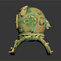 Vintage Diving Helmet With Brass Green Patina Round Glass Window And Top Grille