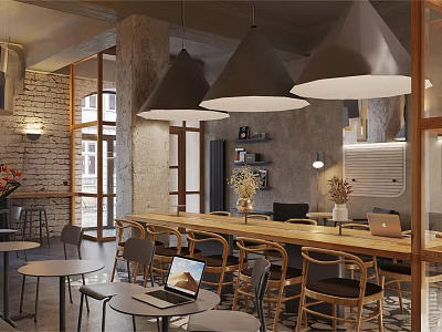 Industrial Café Interior With Wooden Tables Pendant Lights Stone Walls And Open Layout 3d model
