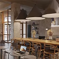 Industrial Café Interior With Wooden Tables Pendant Lights Stone Walls And Open Layout