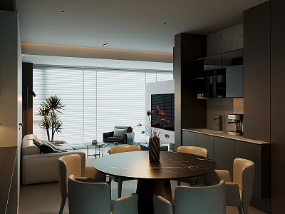 Modern Dining and Living Room Interior With Round Table Light Chairs Sofa and Blinds 3d model