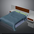Modern Bed with Blue Bedspread White and Wooden Headboard and Integrated Side Units
