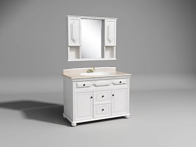 White Bathroom Vanity With Mirrored Cabinet Light Countertop And Storage Drawers 3d model