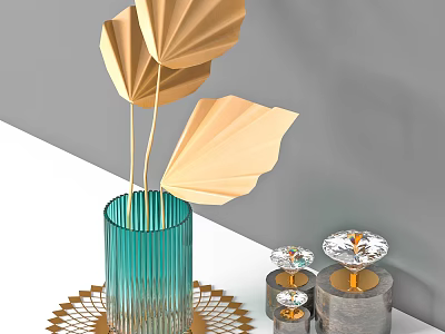 Decorative Ornament Set with Green Glass Vase Golden Fan Leaves Crystal Decor and Golden Tray 3d model