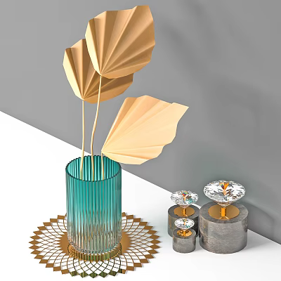 Decorative Ornament Set with Green Glass Vase Golden Fan Leaves Crystal Decor and Golden Tray 3d model