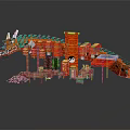 Chinese Traditional Dragon Building Block Scene With Red Lanterns Panda Pavilion And Flowers