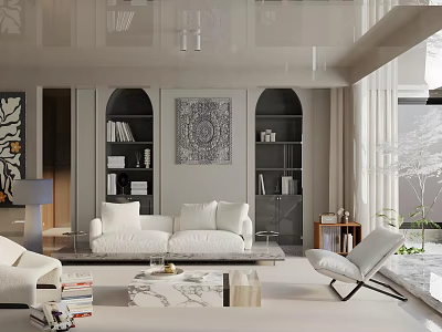 Elegant Living Room Interior Design With White Sofa Marble Coffee Table Decorative Wall Art And Bookshelves 3d model