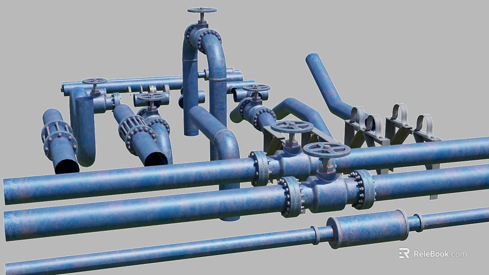 Industrial Equipment Featuring Blue Pipes Valves And Flange Connection System 3d model 