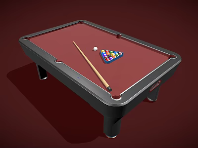 Red Felt Billiard Table With Black Frame Cue Stick And Colorful Balls 3d model