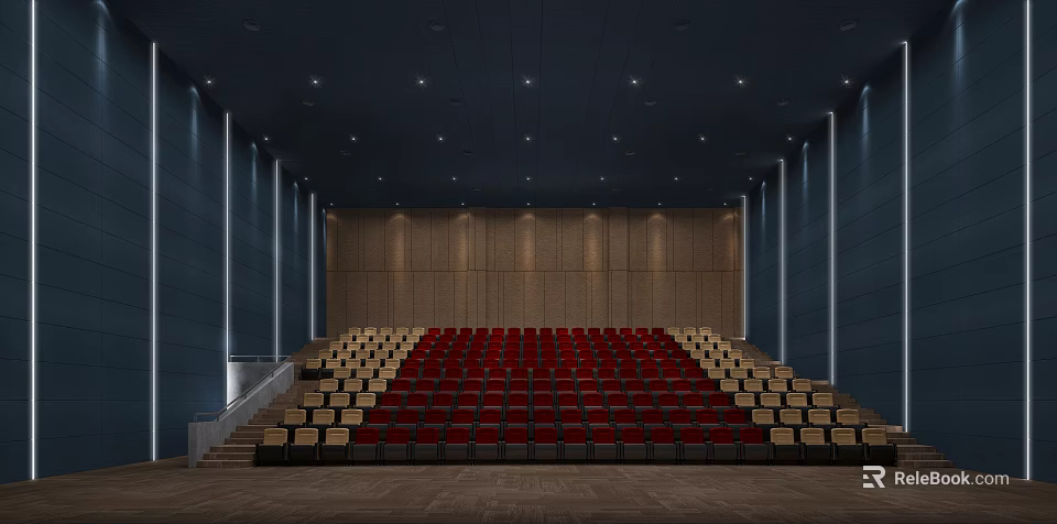 Cinema Interior With Red And Yellow Seats Arranged In Rows And Wall Panels 3d model 