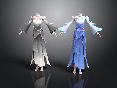Stylish Women's Dresses With Flowy Sleeves And Layered Skirts In Gray And Blue On Mannequins 3d model
