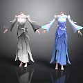 Stylish Women's Dresses With Flowy Sleeves And Layered Skirts In Gray And Blue On Mannequins
