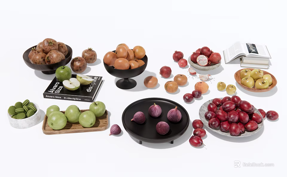 Assorted Fresh Fruits Displayed in Bowls and Plates with Open Books 3d model 