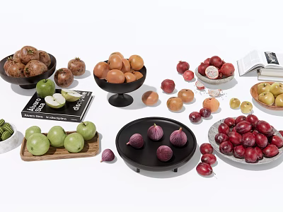 Assorted Fresh Fruits Displayed in Bowls and Plates with Open Books 3d model