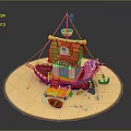 Miniature Pirate Ship Cabin With Red Hull Black Flag Wooden Ladder Small Boat And Anchor