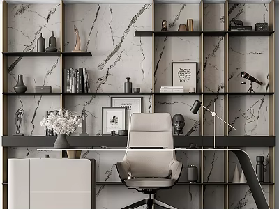 Modern Office Desk With Marble Wall Background Decorative Shelves Books Sculptures And Desk Lamp 3d model