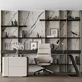 Modern Office Desk With Marble Wall Background Decorative Shelves Books Sculptures And Desk Lamp
