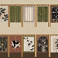 Assorted Decorative Curtains with Floral Leaf Patterns and Wooden Frames for Home Decor 3d model