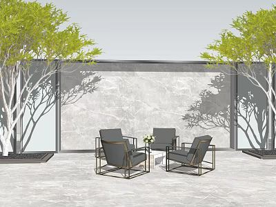 Outdoor Table and Chairs Surrounded by Green Trees with Marble Textured Wall and Stone Floor 3d model