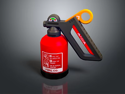 Red Fire Extinguisher with Yellow Handle and Black Components Safety Equipment from FIRE CO Label 3d model