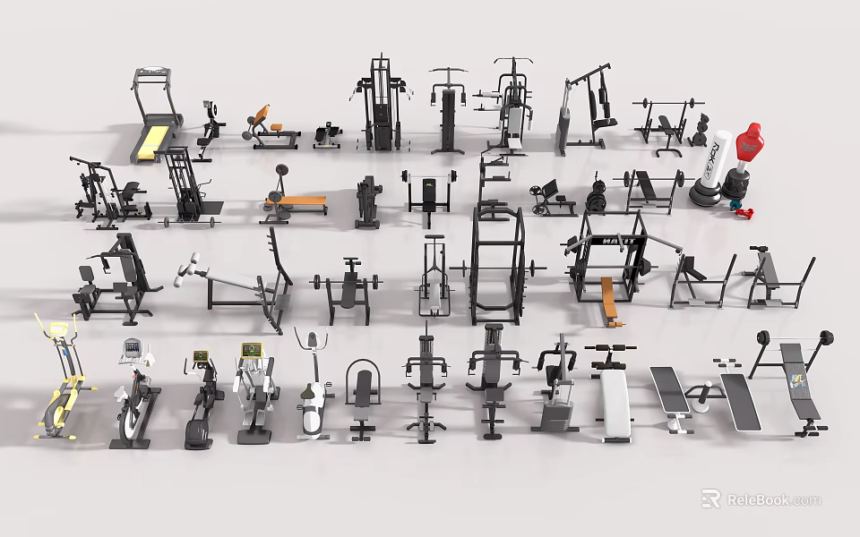 Assorted Sports Equipment Collection Featuring Treadmills Dumbbells Weight Benches and Fitness Gear 3d model 