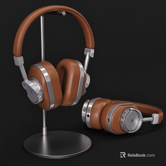 Brown Leather Headphones With Silver Metal Accents On Stand And Placed 3d model 
