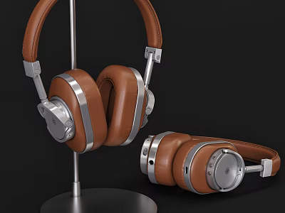 Brown Leather Headphones With Silver Metal Accents On Stand And Placed 3d model