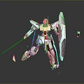 Silver Mecha Character With Red Core Holding Spear Shield In Dynamic Pose And Floating Fragments