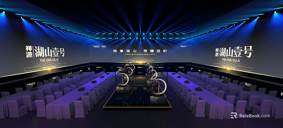 Large Event Venue With Arranged Seats Circular Stage Installations And Blue Lighting 3d model 