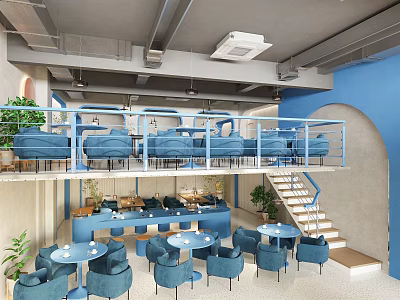 Modern Two Level Cafe Interior With Blue Sofas Tables Chairs Staircase Arch Design And Plants 3d model
