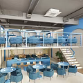Modern Two Level Cafe Interior With Blue Sofas Tables Chairs Staircase Arch Design And Plants