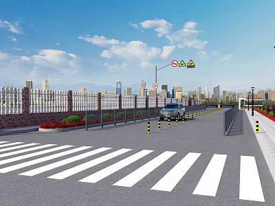 Urban Road Landscape With Blue Sky White Clouds City Skyline Zebra Crossing Fence And Street Lamps 3d model