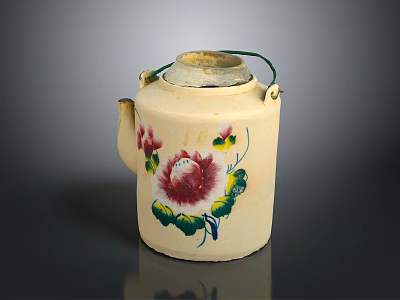 Ceramic Kettle With Floral Pattern Red Flower Green Leaves Lid And Handle 3d model