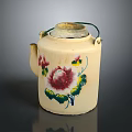 Ceramic Kettle With Floral Pattern Red Flower Green Leaves Lid And Handle