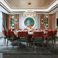 Chinese Style Private Dining Room With Round Table Red Chairs And Chandelier