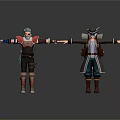 Two 3D Characters Arms Outstretched Gray Hair Brown Red Outfit Hat Dark Coat Backpack