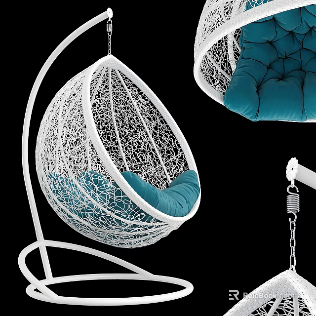 White Mesh Hanging Chair With Blue Cushion And Metal Suspension Frame 3d model 
