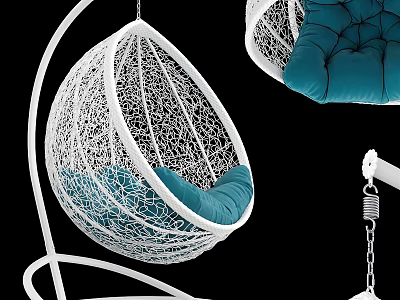 White Mesh Hanging Chair With Blue Cushion And Metal Suspension Frame 3d model
