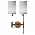 Modern Brass Wall Sconce with Two White Fabric Shades and Adjustable Metal Bracket Design