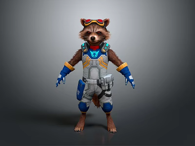 Game and Movie Character Raccoon in Tech Gear with Goggles Blue Gray Armor 3d model