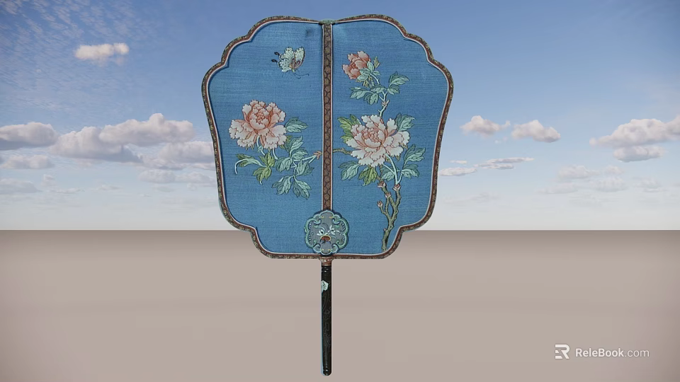Blue Decorative Fan with Floral Patterns and Butterfly Design Black Handle Against Sky Background 3d model 