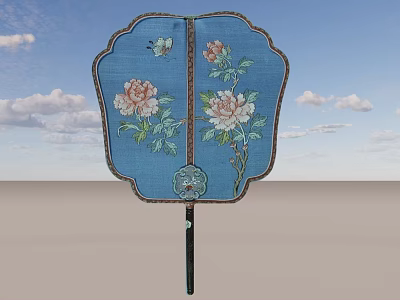 Blue Decorative Fan with Floral Patterns and Butterfly Design Black Handle Against Sky Background 3d model