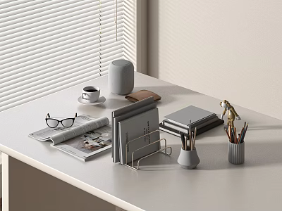 Gray Notebook On Office Desk With Coffee Cup Newspaper Glasses And Stationery Items 3d model