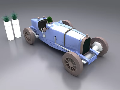 Vintage Blue Race Car Model Display With White Flower Pots And Green Plants 3d model