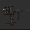 Medieval Wooden Siege Weapon With Metal Reinforcements And Projectile Arm Structure