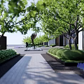 Modern Sales Office Building Featuring Glass Curtain Walls Gray Stone Green Plants And Lawn Entrance