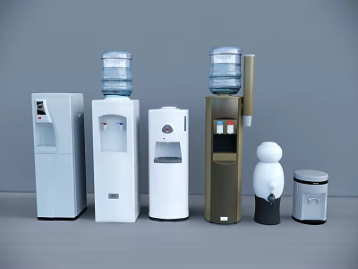 Daily Electrical Appliances Including Vertical Water Dispensers With Bottles And Human Shaped Silver Trash Bins 3d model