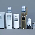 Daily Electrical Appliances Including Vertical Water Dispensers With Bottles And Human Shaped Silver Trash Bins