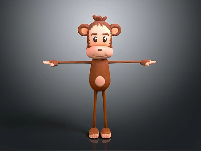 Cute 3D Brown Monkey Character with Big Ears Standing Pose Arms Outstretched for Game Movie 3d model