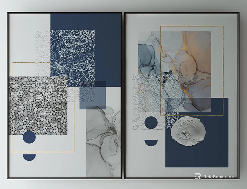 Geometric Abstract Wall Art With Blue Gray Tones And Gold Accent Frames 3d model