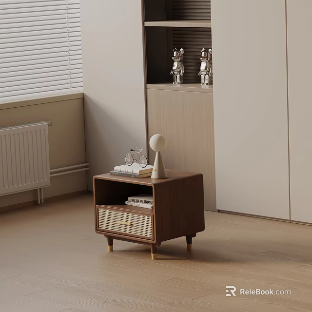 Wooden Bedside Table With Walnut Tone Rattan Drawer Books And Minimalist Lamp On Top 3d model 